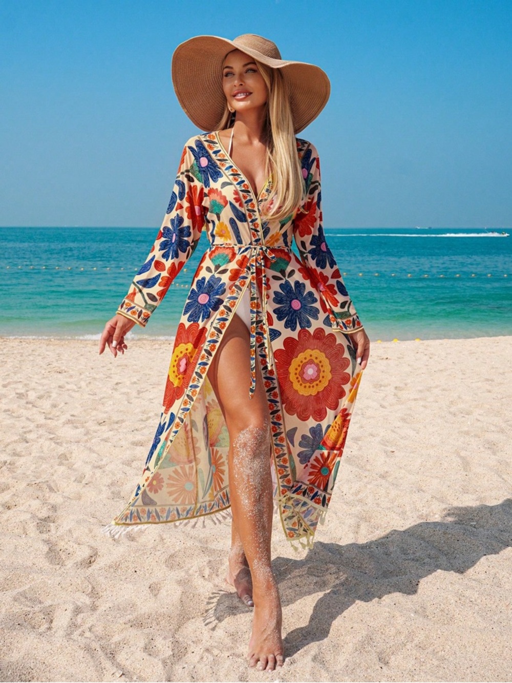 Colorful floral kimono swim cover up duster cardigan beach tassels boho gypsy - Picture 4 of 4